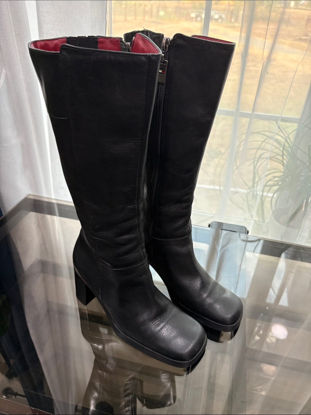 Tommy Hilfiger Black Knee-High Leather Boots with Red Interior